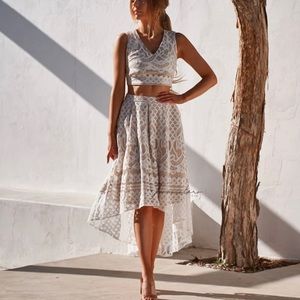 Two piece white Nude lace skirt dress
